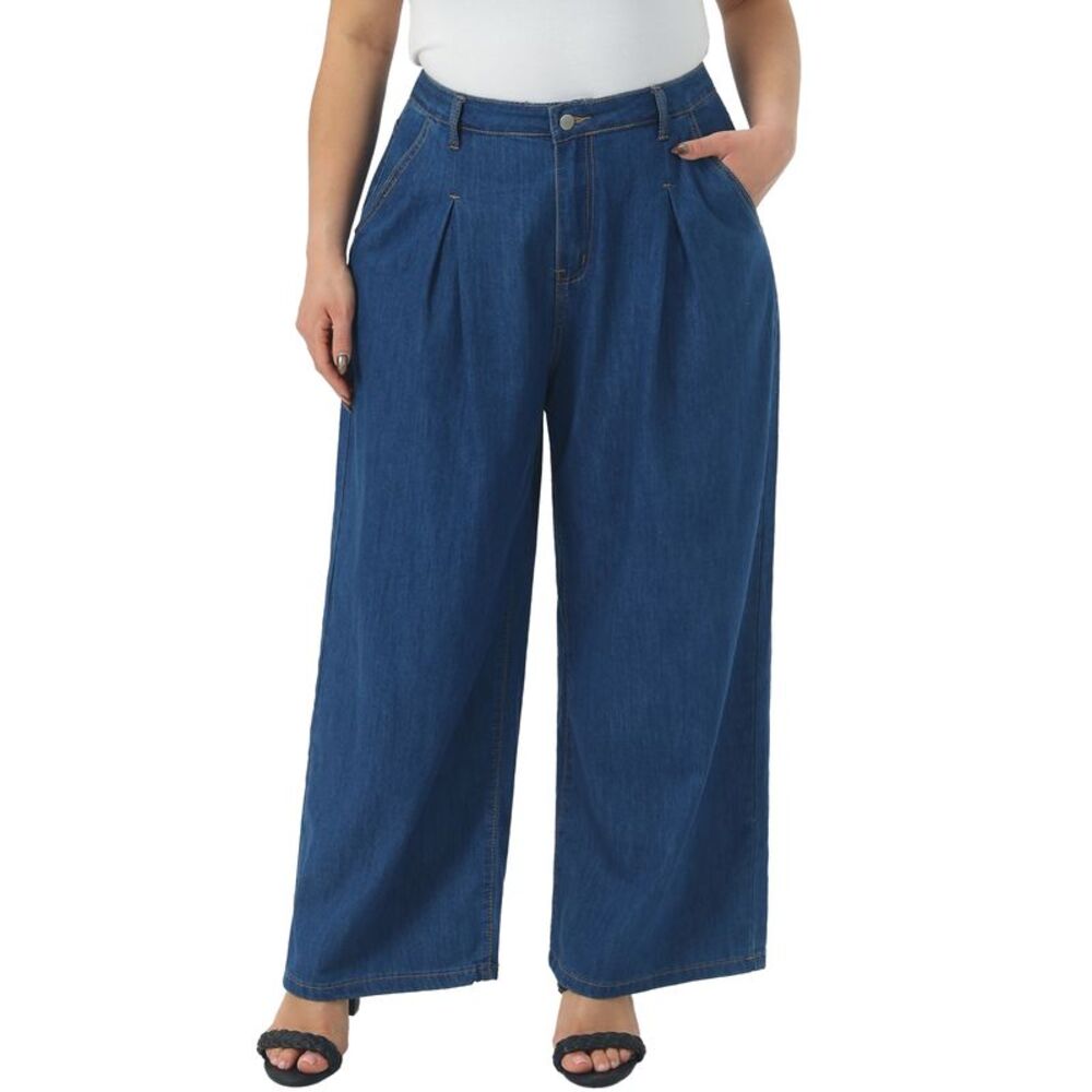 Women Plus Size High Waisted Stretchy Wide Leg Denim Jeans Blue
